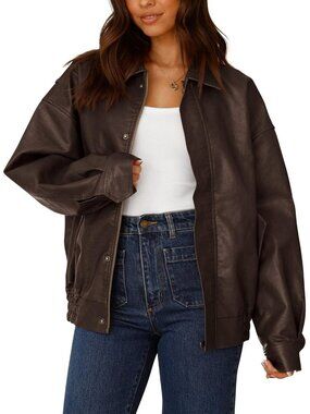 Women's Dark Coffee Faux Leather Trendy Fall Spring Oversized Zip Up Jacket